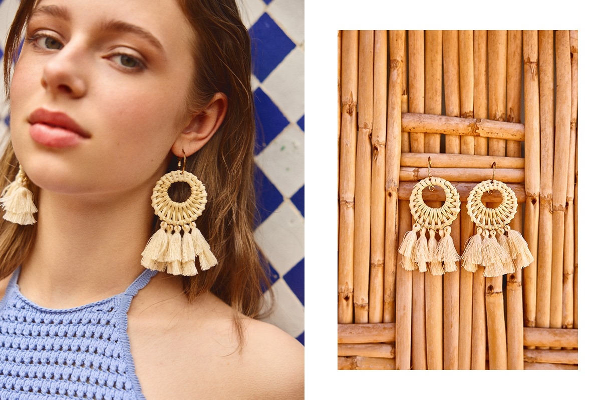 Pendientes flecos beige