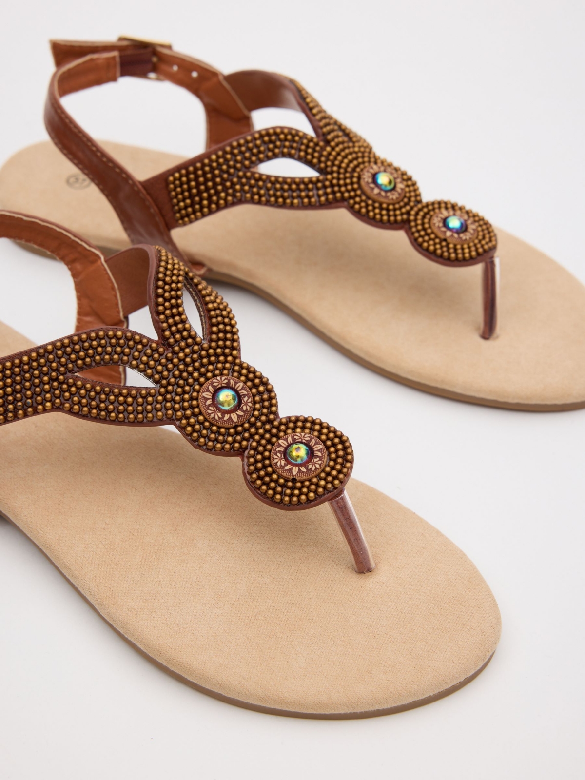 Ethnic studded sandal light brown detail view