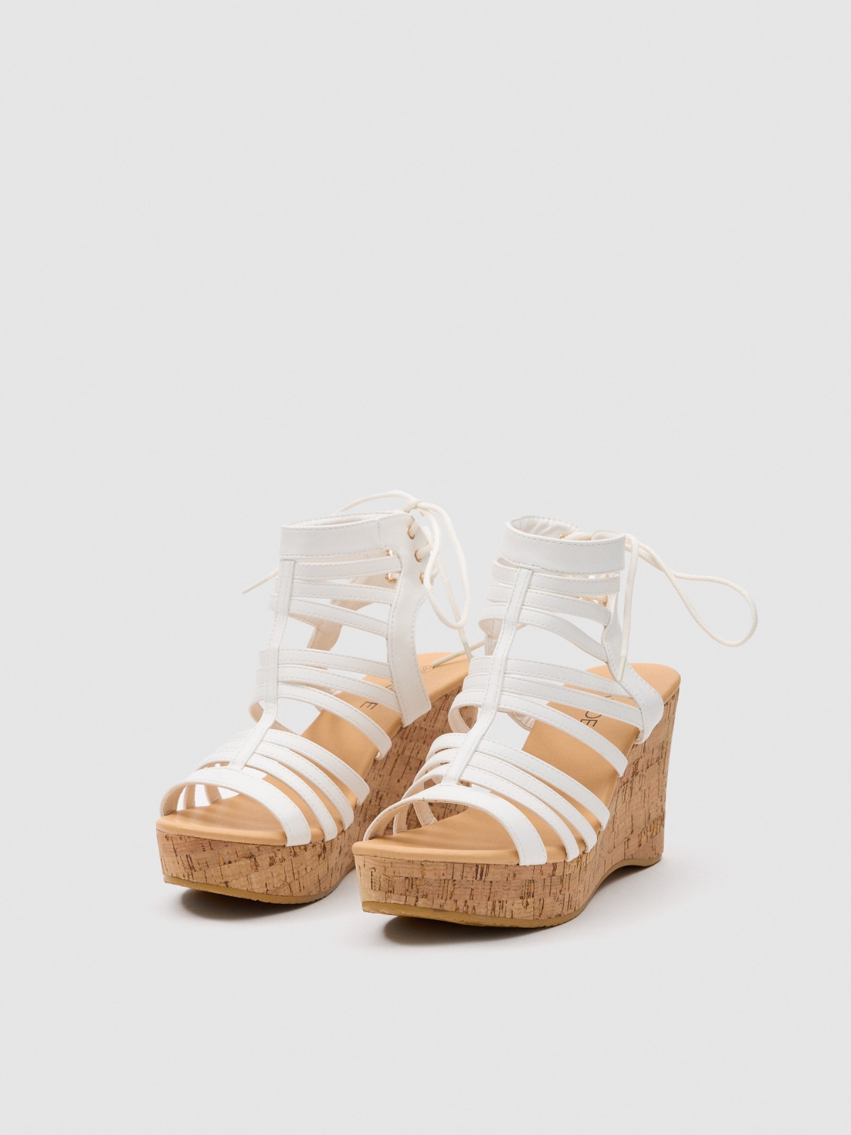 Cork-effect wedge straps sandal white 45º front view