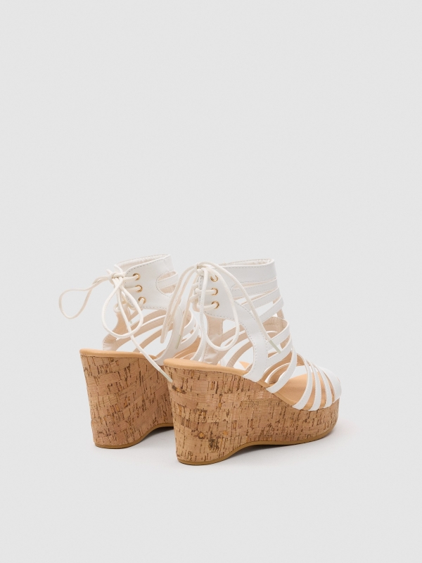 Cork-effect wedge straps sandal white 45º back view