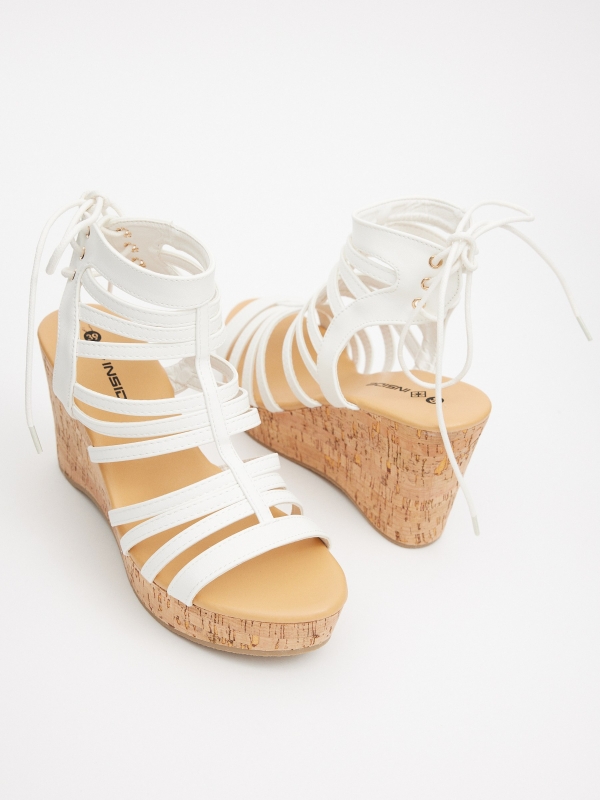 Cork-effect wedge straps sandal white detail view