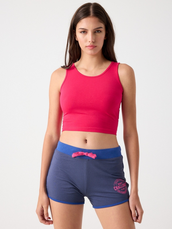 Shorts cintura ajustável estampa azul marinho vista meia frontal
