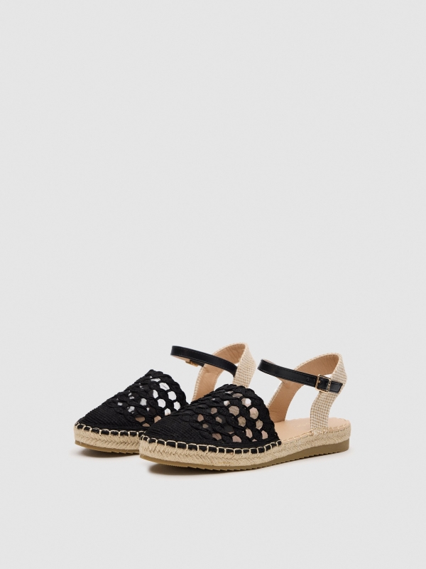 Crochet espadrille sandal black 45º front view