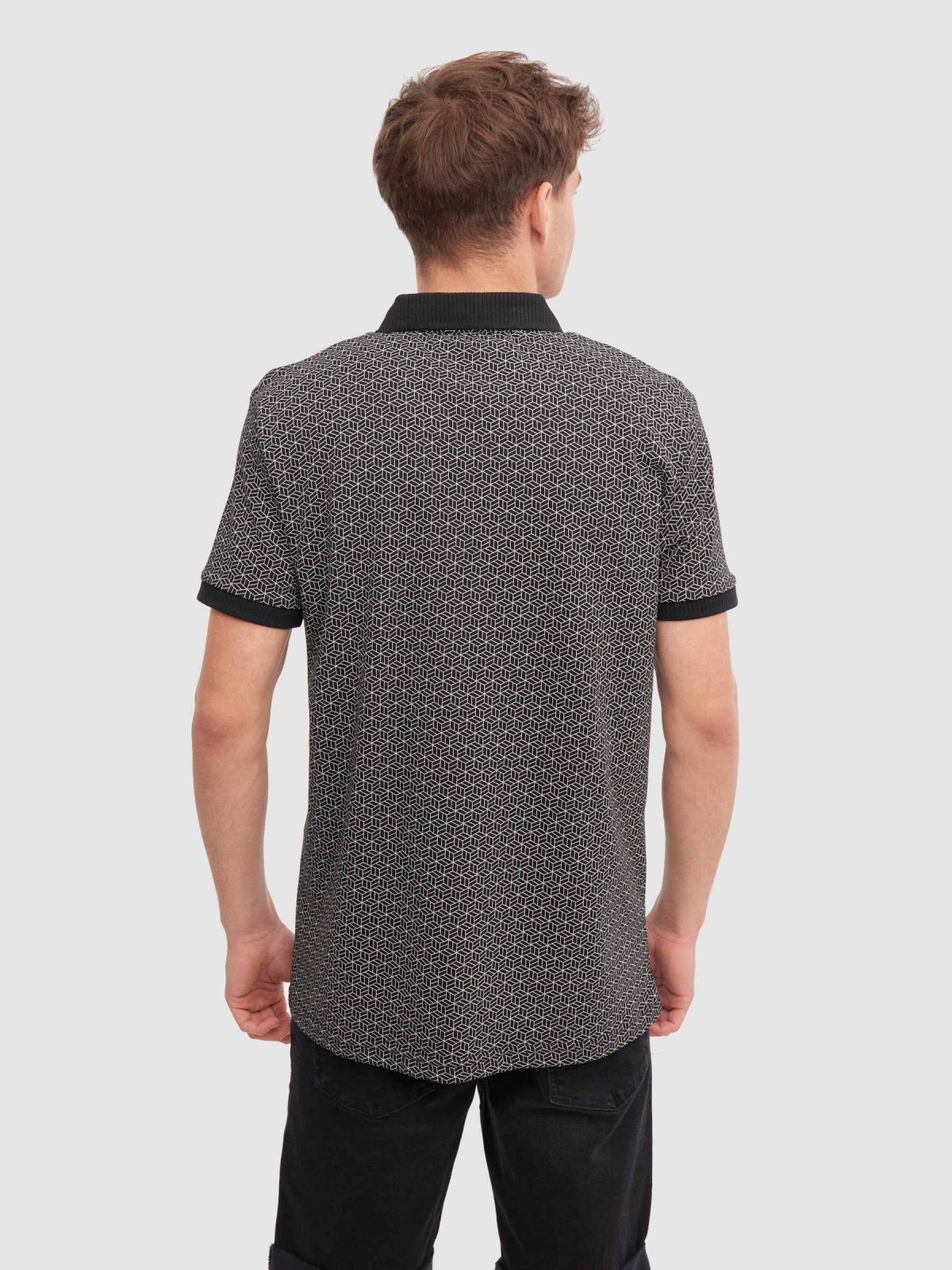 Geometric print polo black middle back view