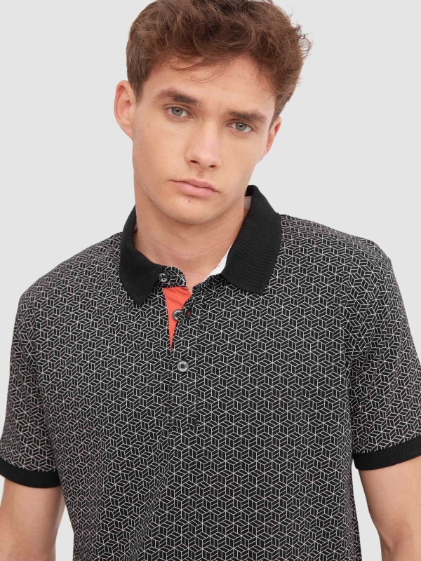 Geometric print polo black detail view