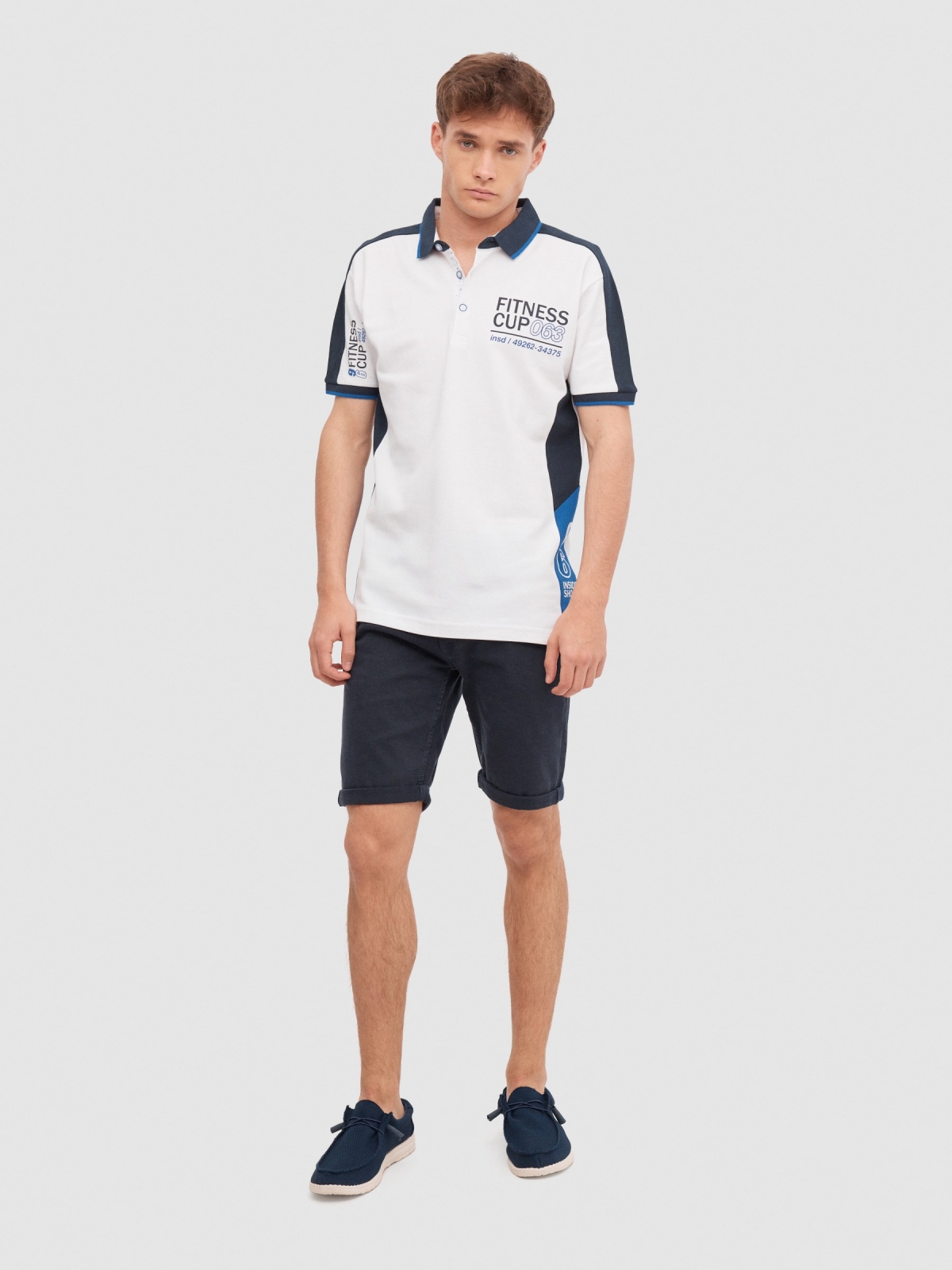 Fitness polo shirt branco vista geral frontal