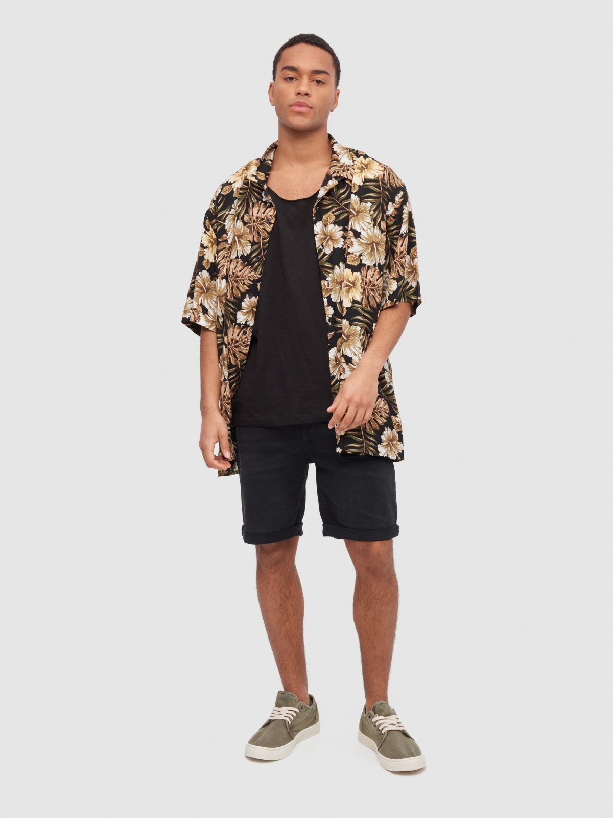 Flowing floral shirt black general front view