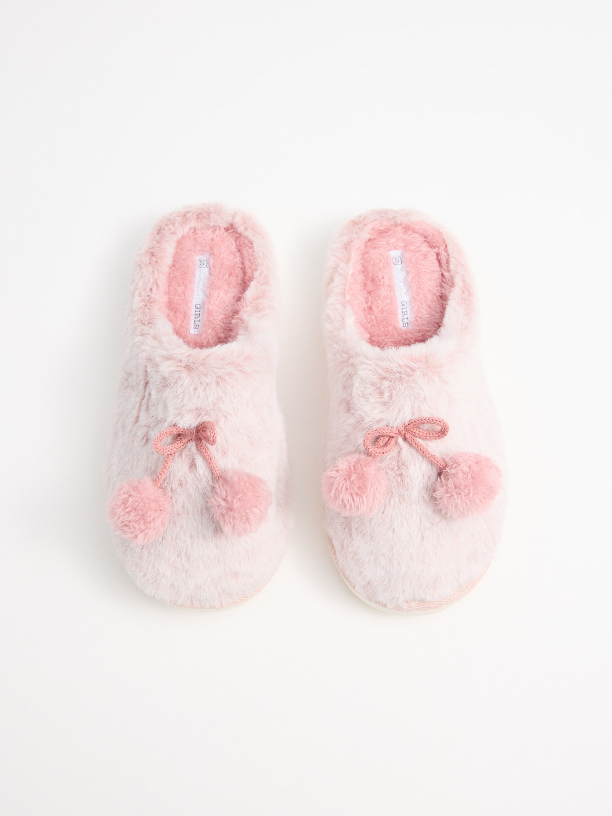 Pantufas de casa pompons rosas rosa claro vista detalhe