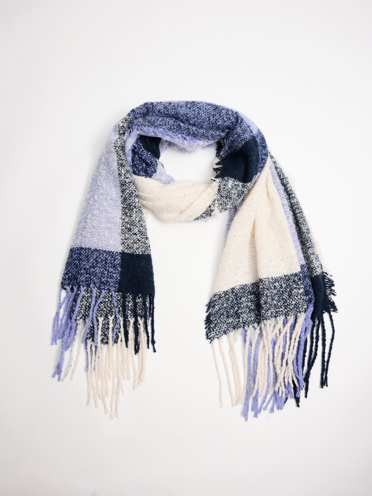 Blue checkered scarf with fringes blue folded view