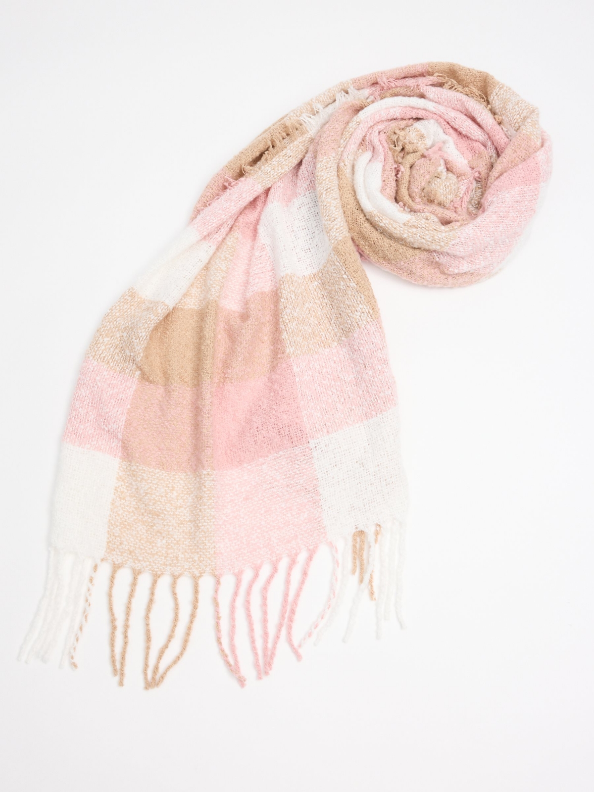 Pink and beige checkered scarf beige detail view