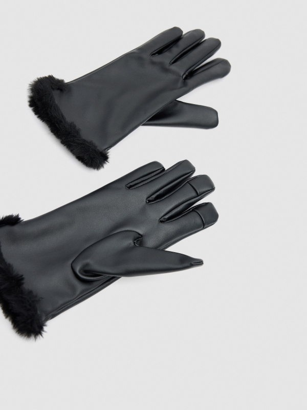 Black faux leather gloves black detail view