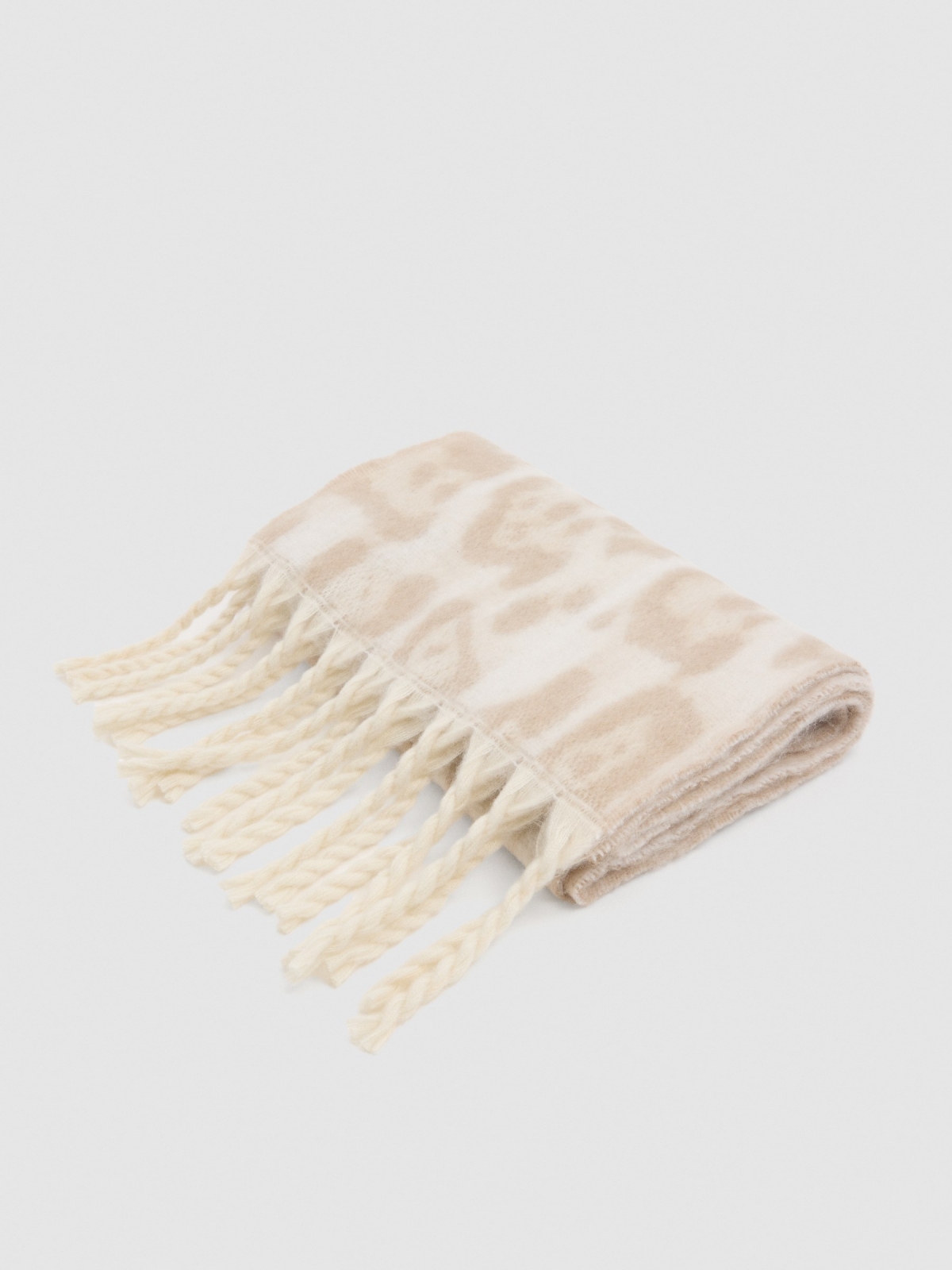 Animal print fringe scarf beige folded view