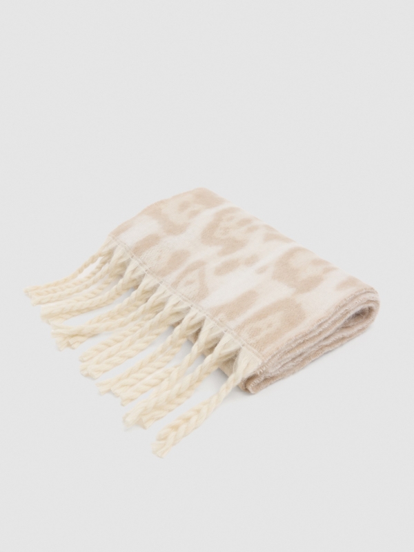 Animal print fringe scarf beige folded view