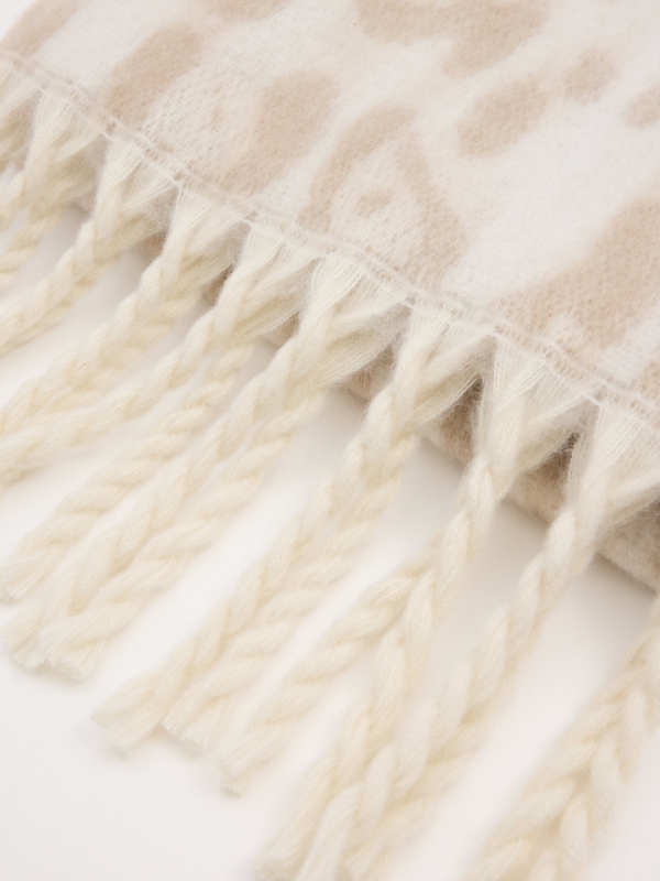 Animal print fringe scarf beige detail view