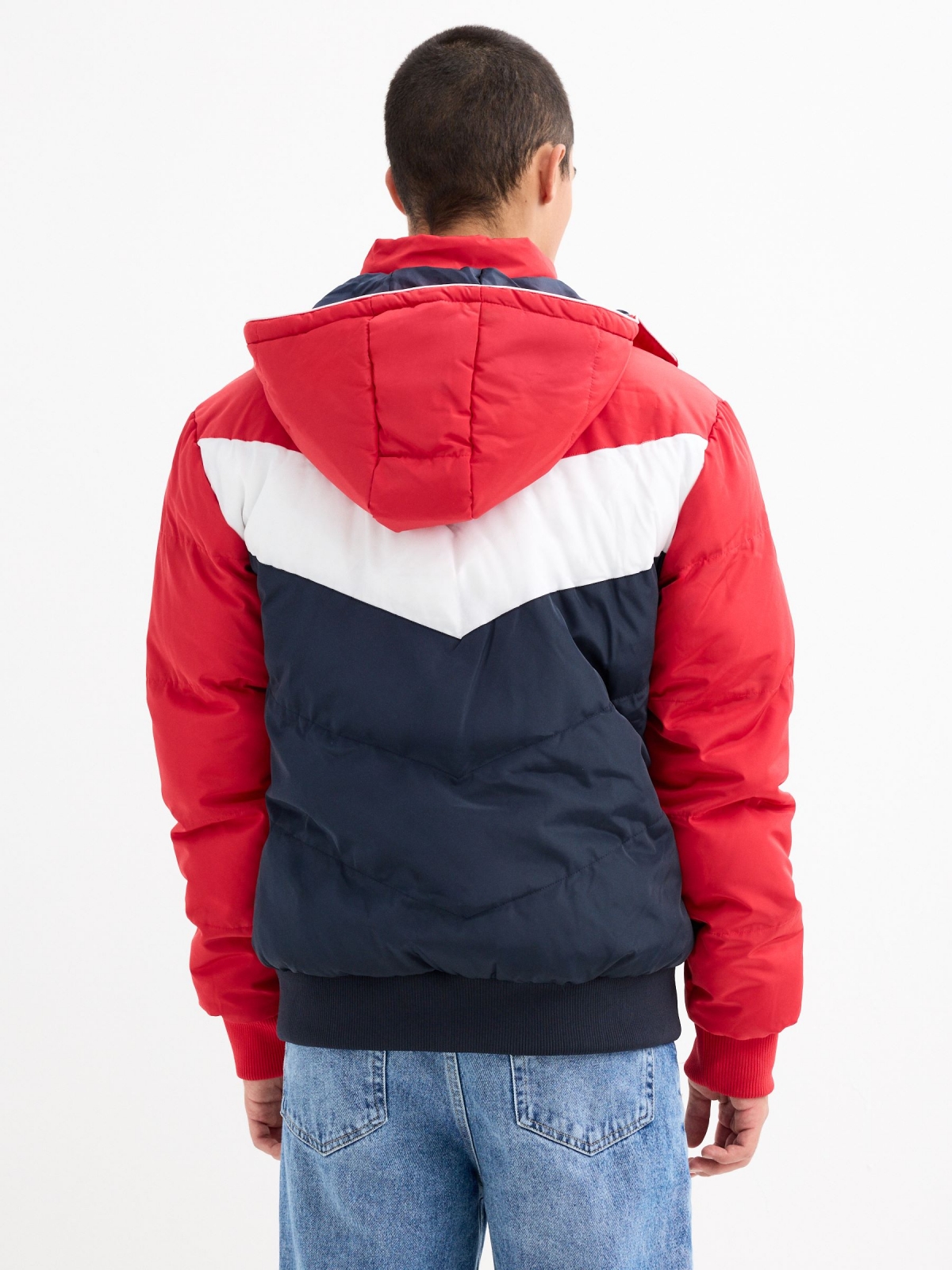 Padded jacket with hood blue middle back view