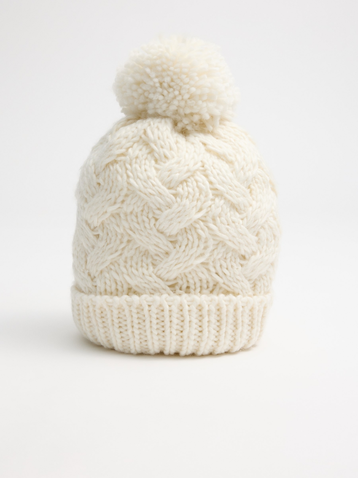 Braided pompom hat white 45º back view