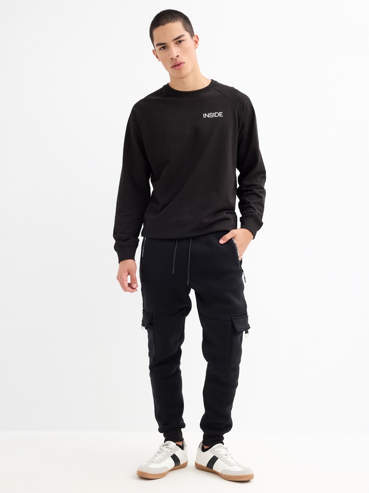 Black multi-pocket sport jogger trousers black general front view