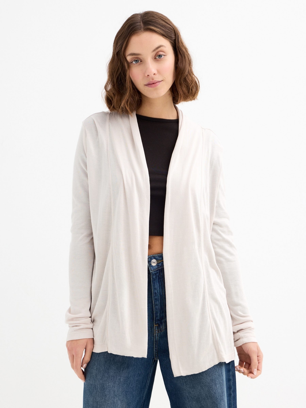 White knitted open cardigan sand middle front view