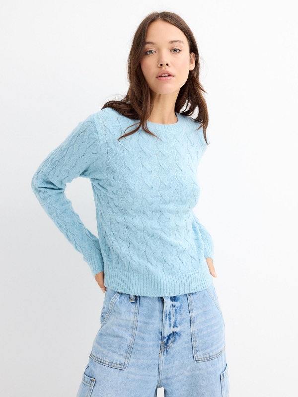 Blue braided slim fit jumper cyan middle front view