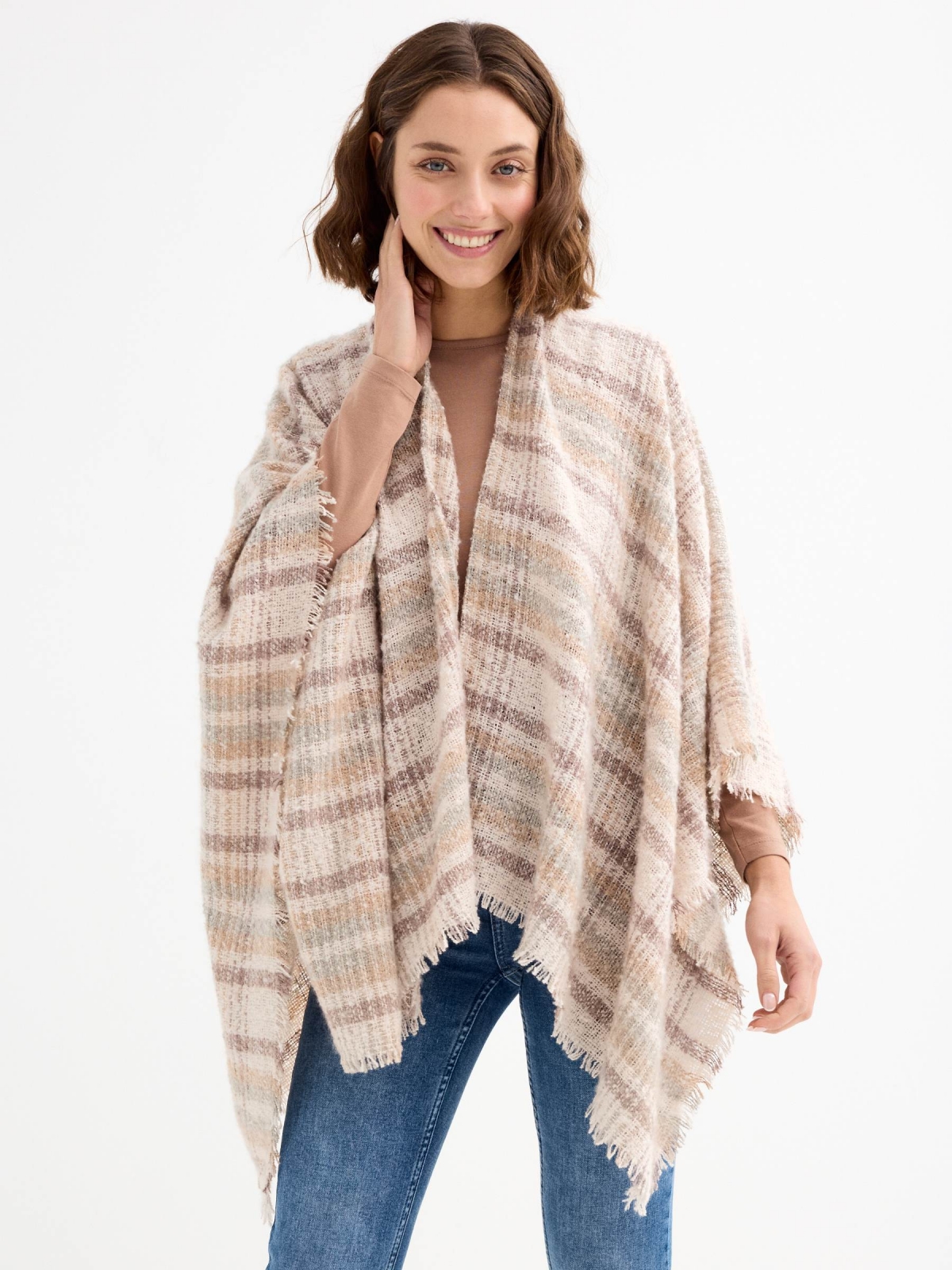 Beige striped poncho scarf