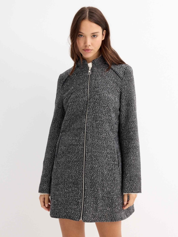 Grey tweed short coat with zipper black/beige detail view