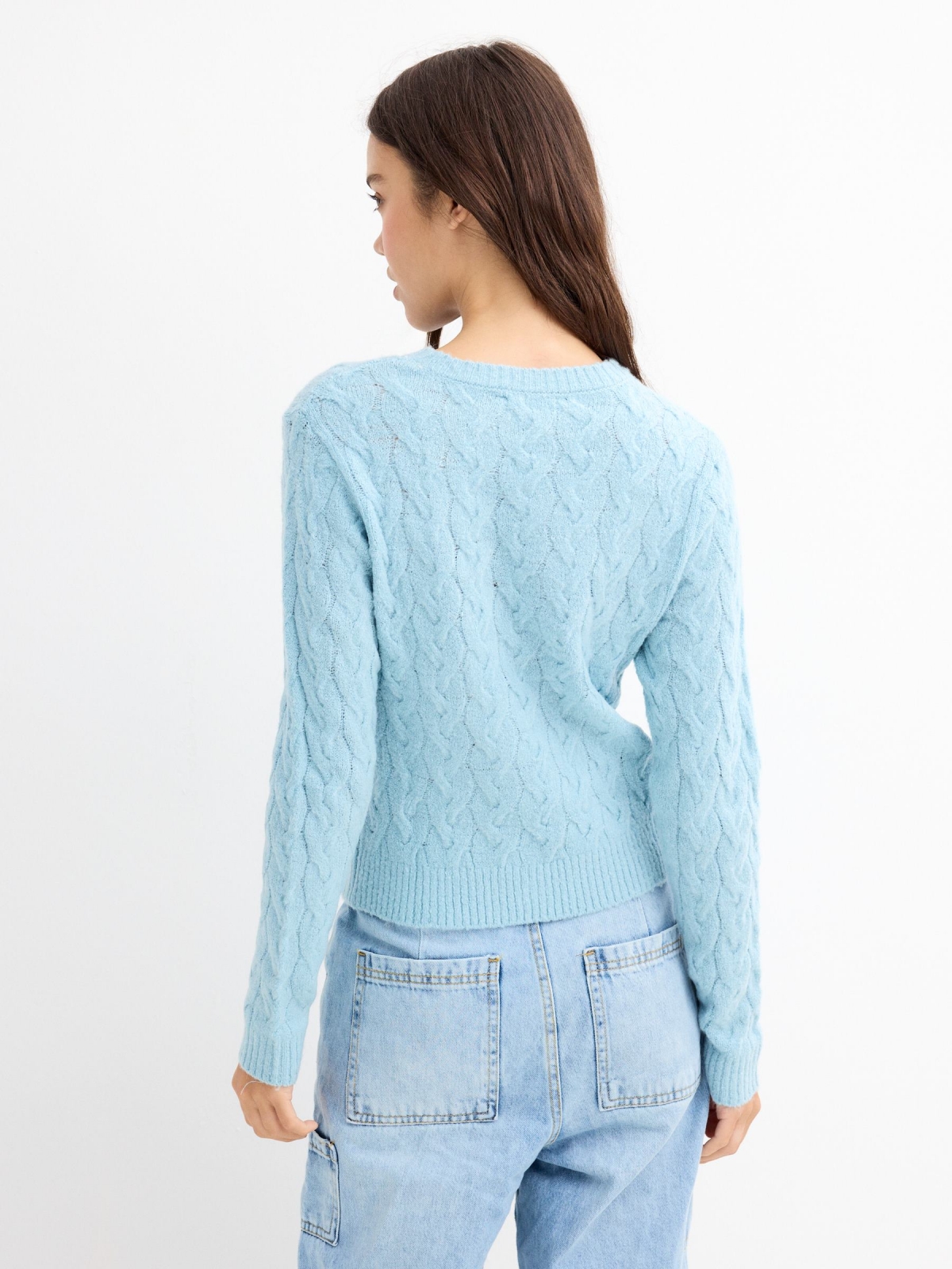 Blue braided slim fit jumper cyan middle back view