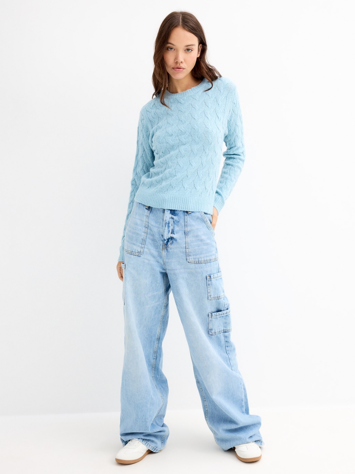 Blue braided slim fit jumper cyan general front view