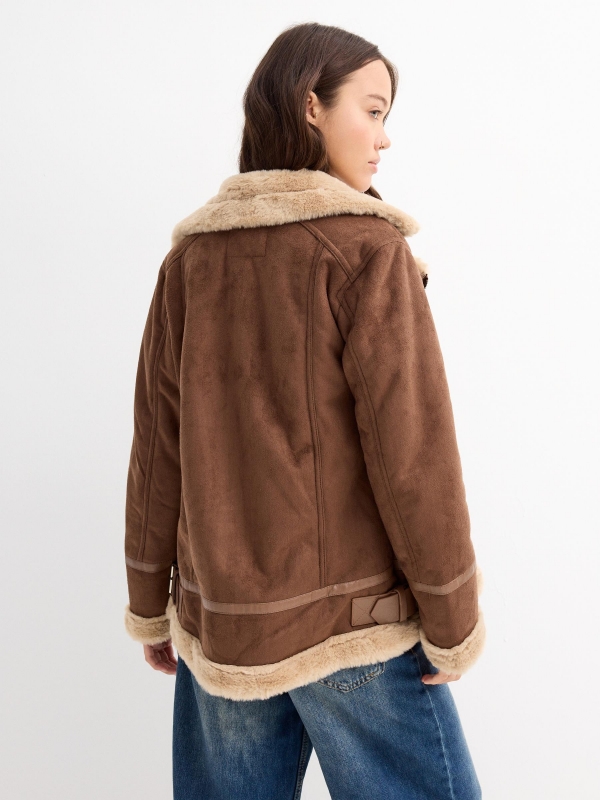 Brown suede double-breasted jacket brown middle back view