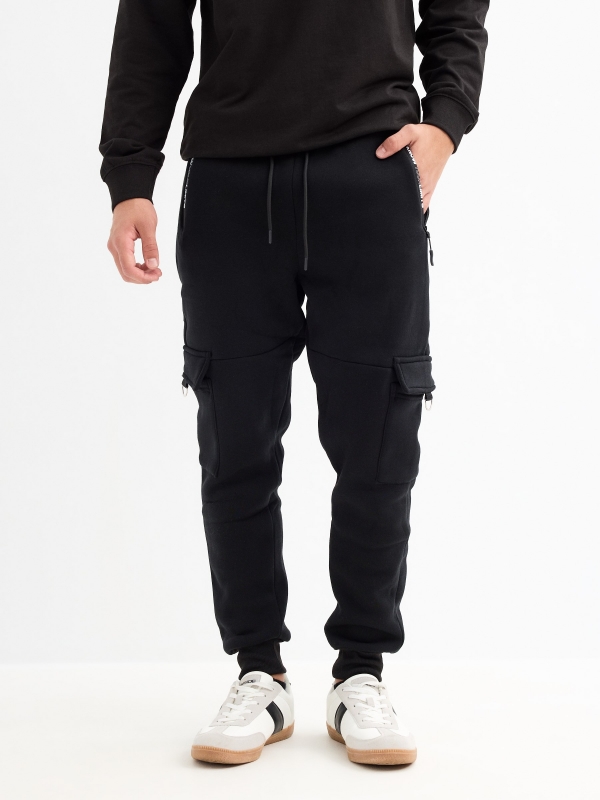 Black multi-pocket sport jogger trousers black middle front view