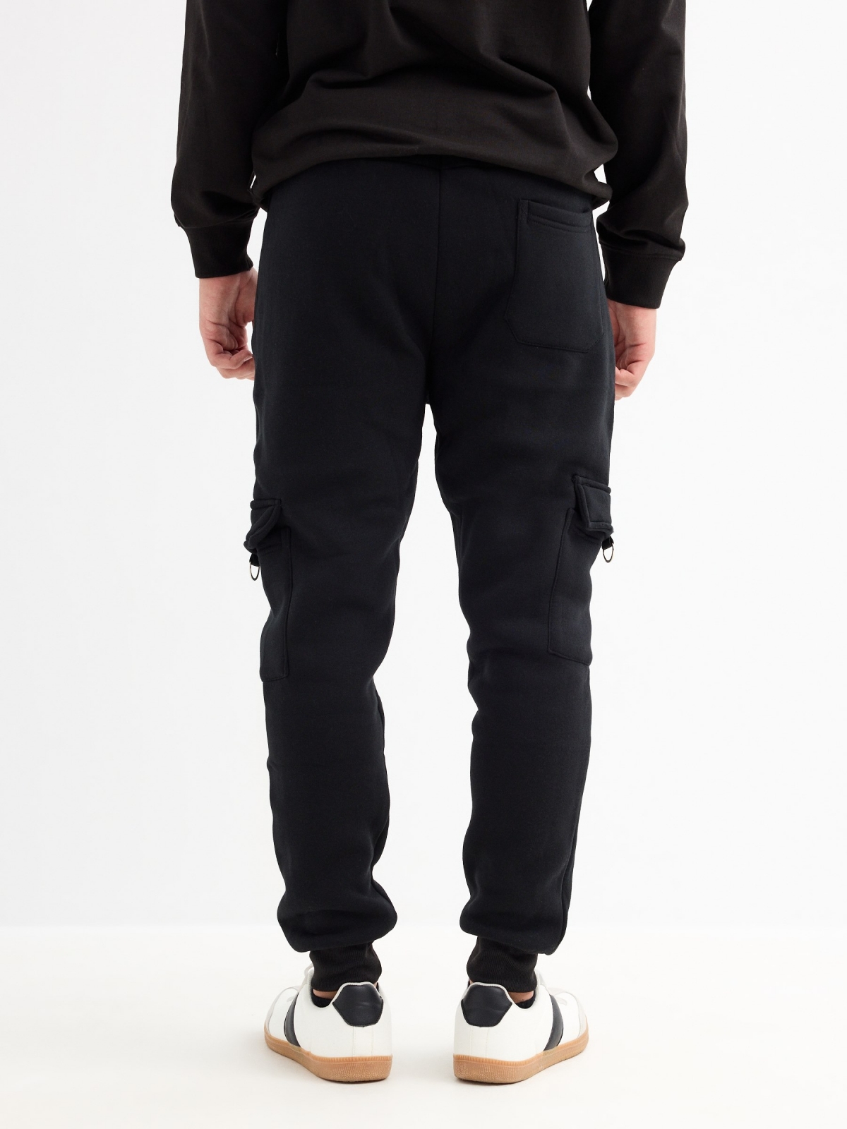 Black multi-pocket sport jogger trousers black middle back view