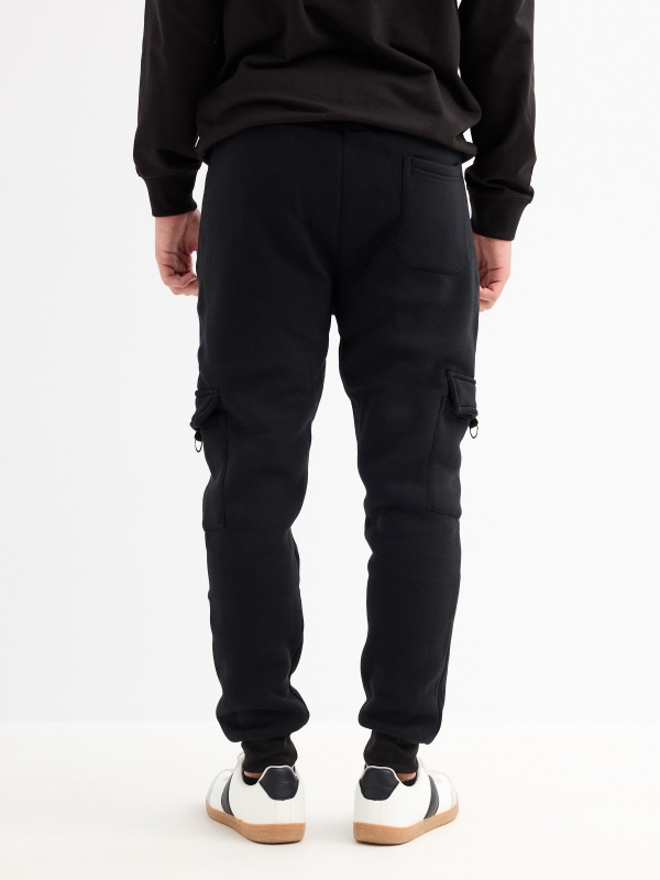 Black multi-pocket sport jogger trousers black middle back view