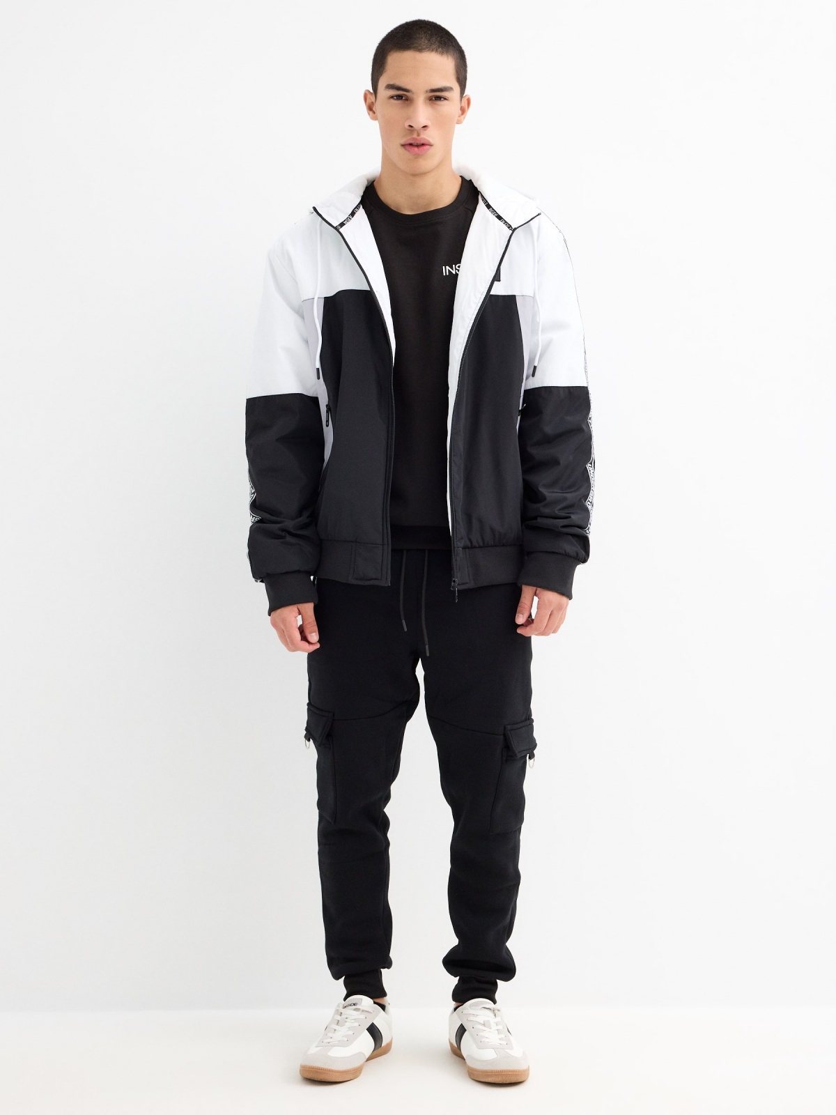 Colour block hooded windbreaker jacket black general front view