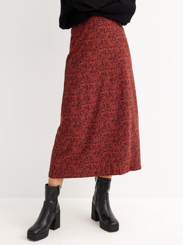 Floral print midi skirt brick red back detail view