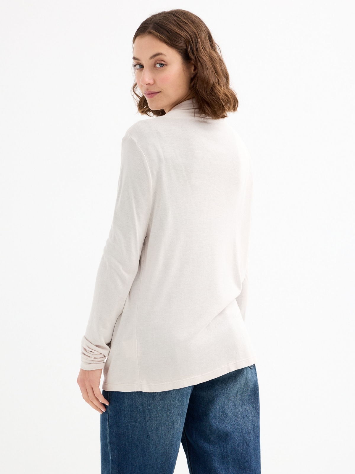 White knitted open cardigan sand middle back view