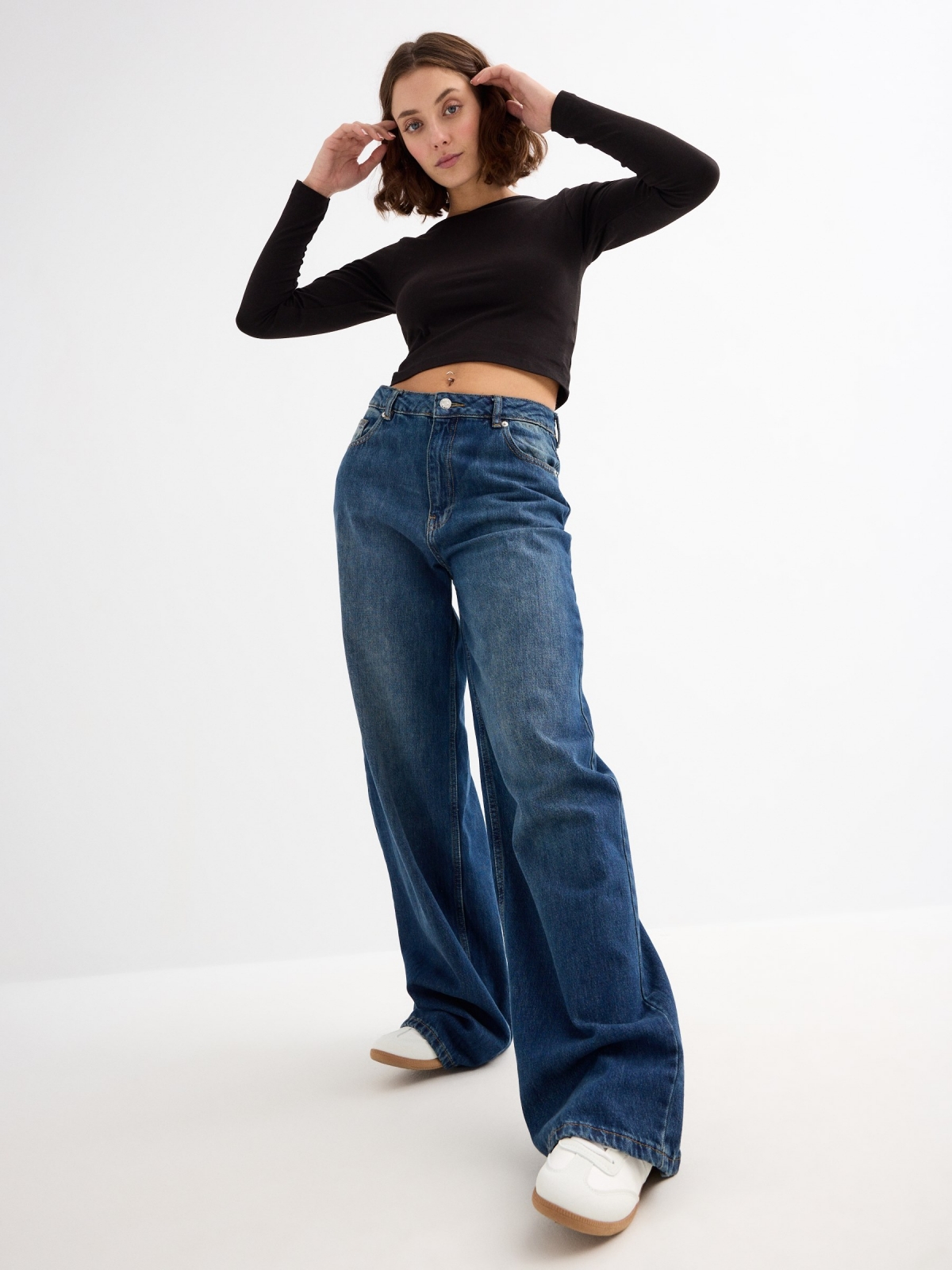 Jeans Wide Leg de tiro alto azul vista detalle