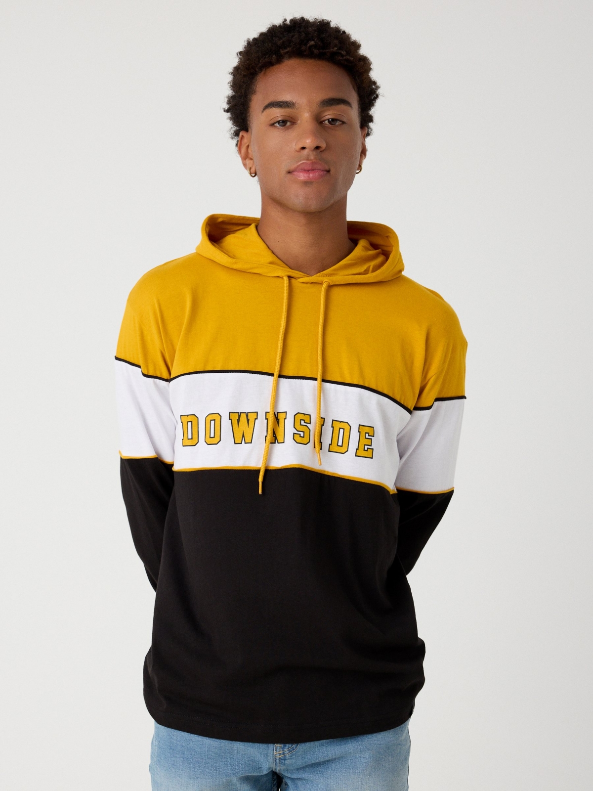 Hooded t-shirt with text print black middle front view