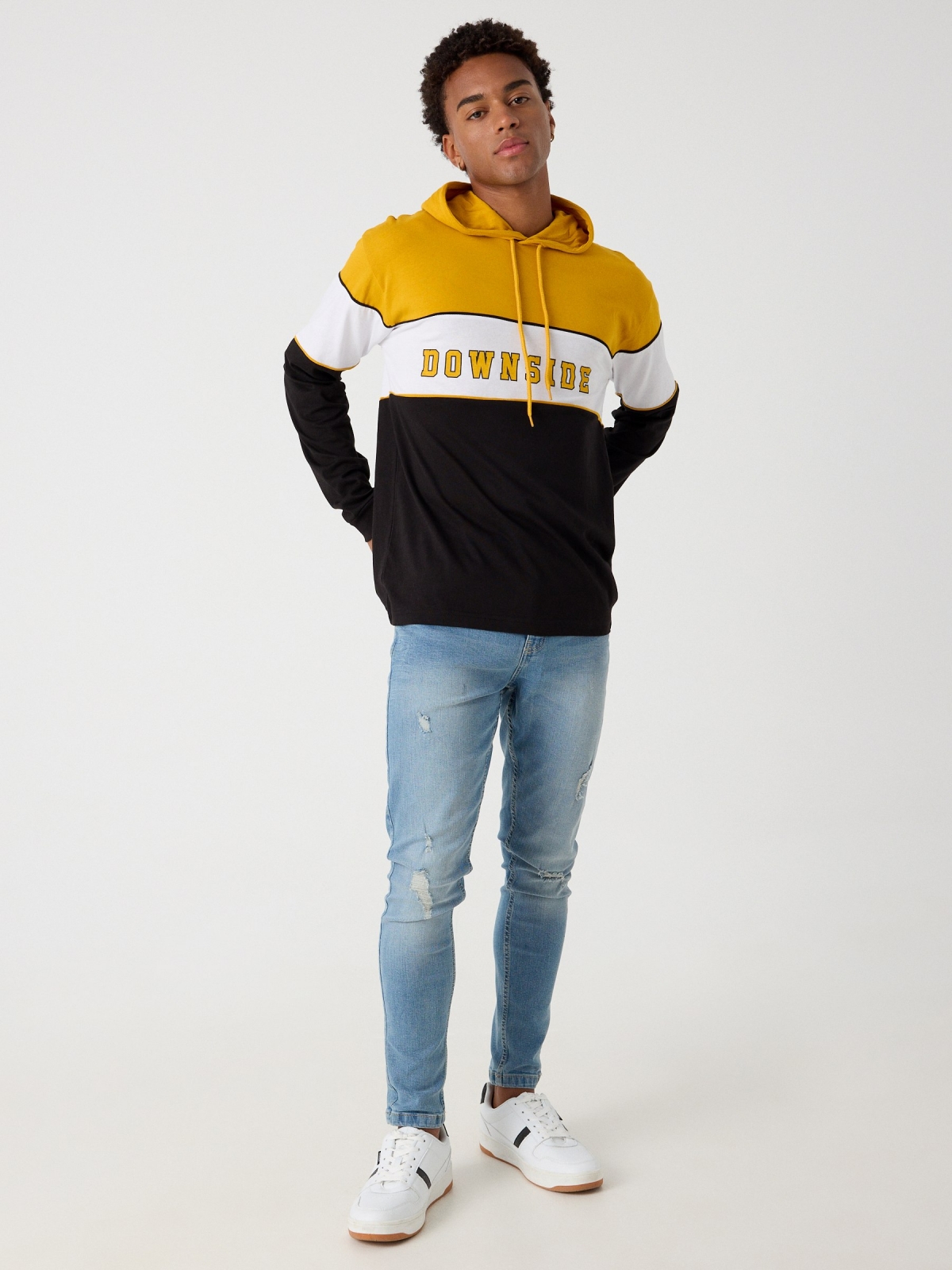Hooded t-shirt with text print black front view