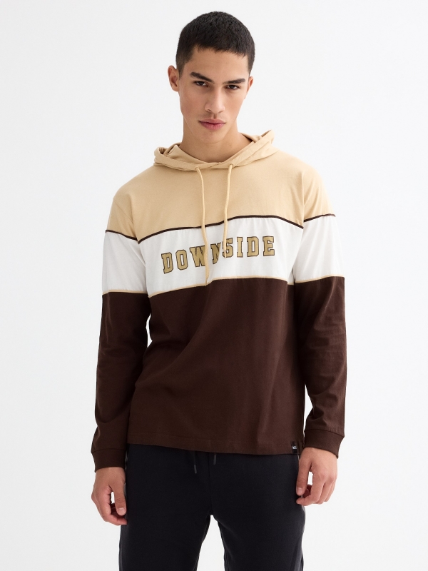 Hooded t-shirt with text print chocolate middle front view