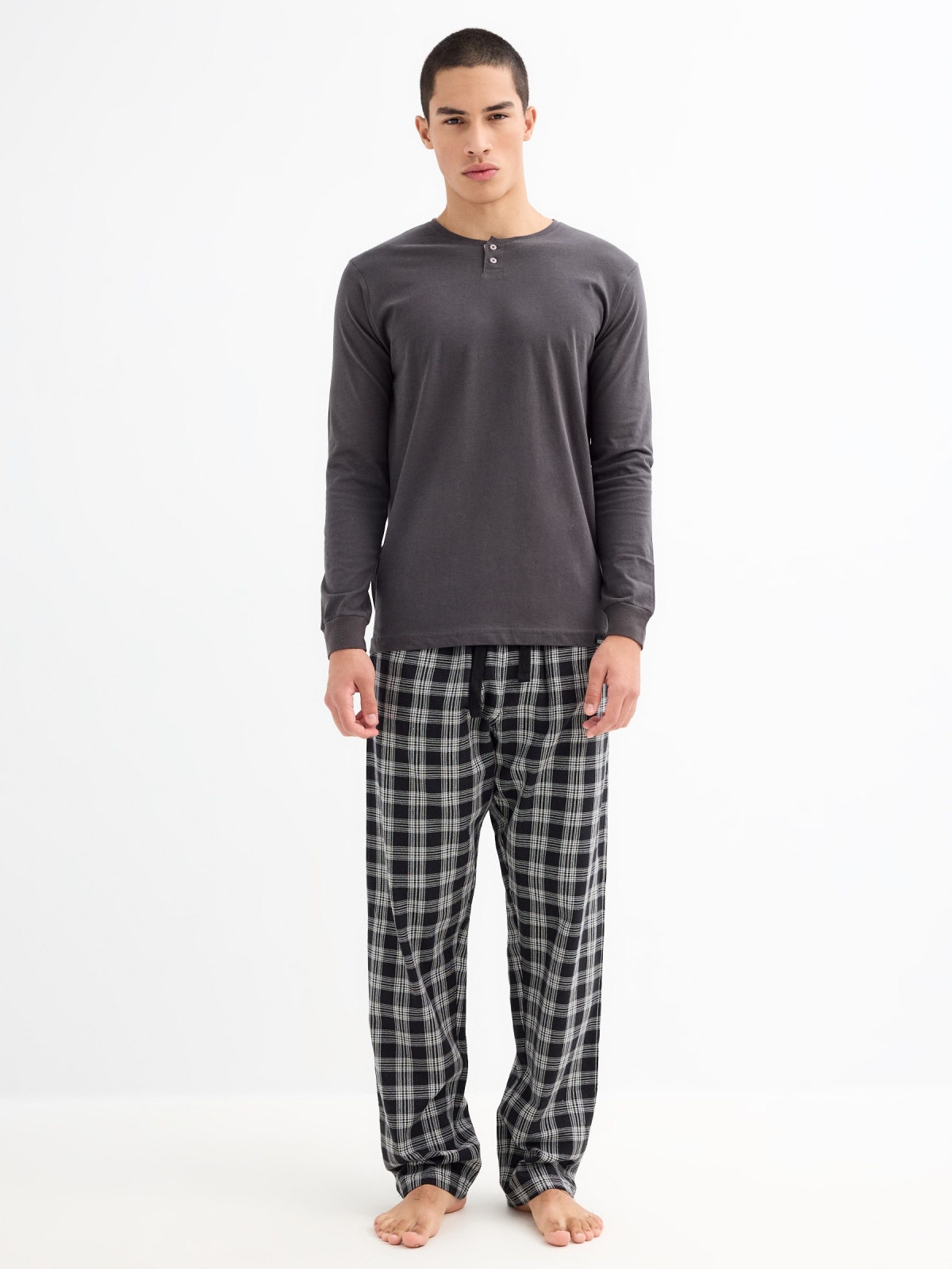 Two-piece checkered pajamas grey middle back view