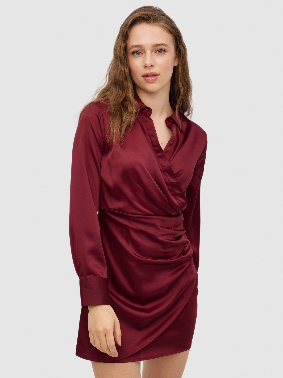 Mini satin dress with draped skirt garnet middle front view