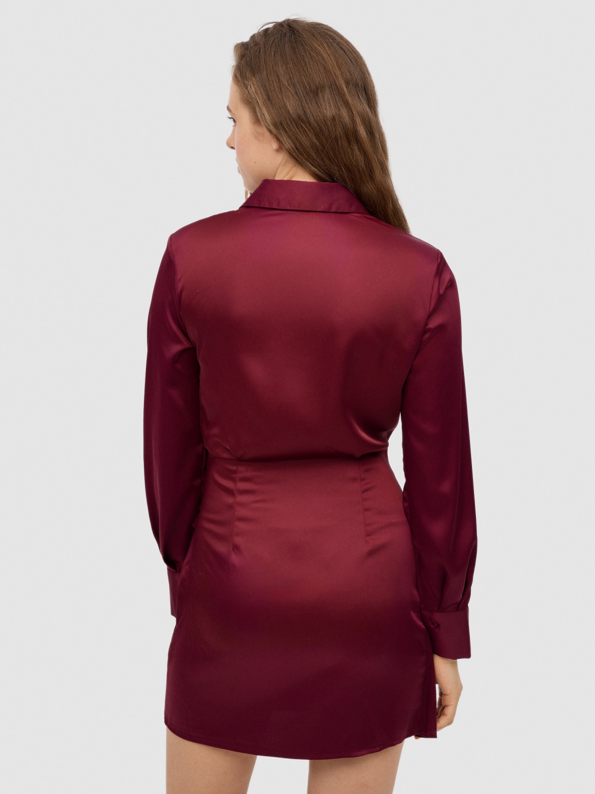 Mini satin dress with draped skirt garnet middle back view