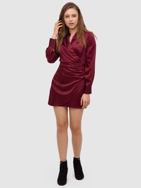 Mini satin dress with draped skirt garnet front view