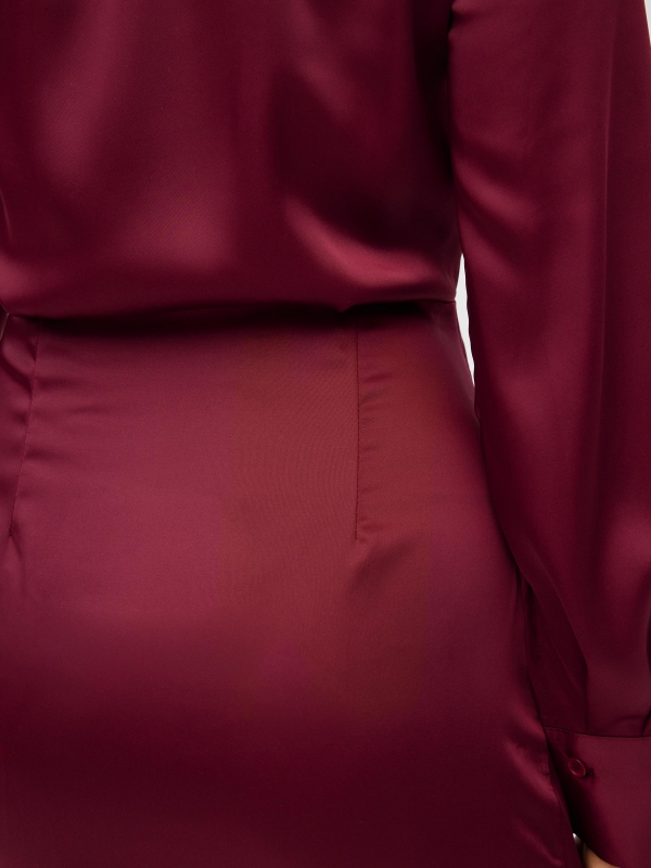 Mini satin dress with draped skirt garnet detail view