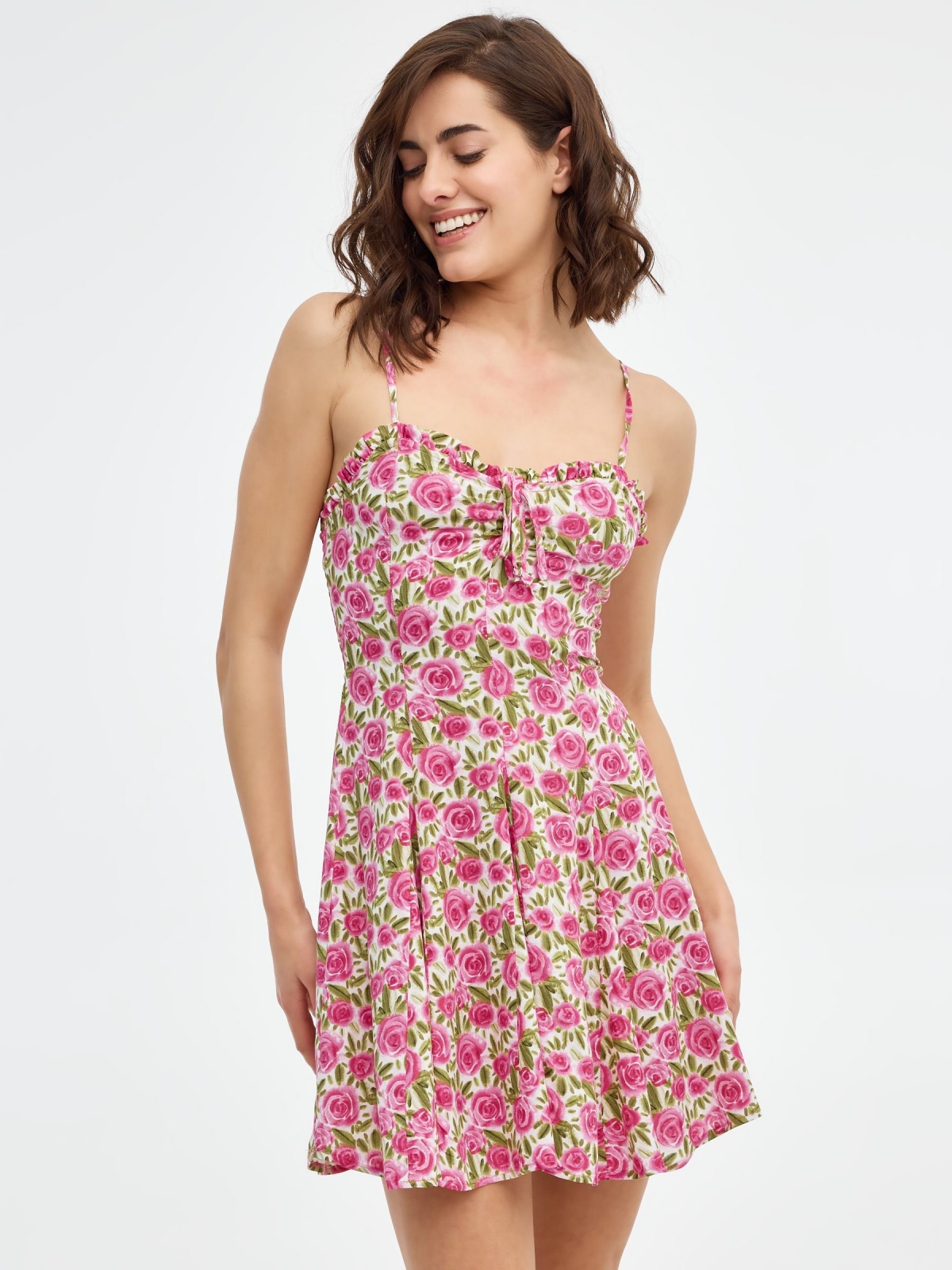 Mini-vestido estampado fluido rosa multicolorido vista meia frontal