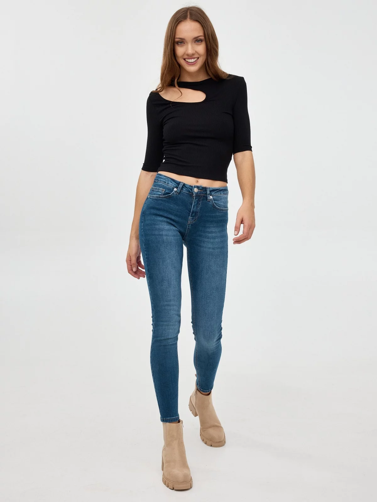 Calças de ganga skinny de meia altura azul vista geral frontal