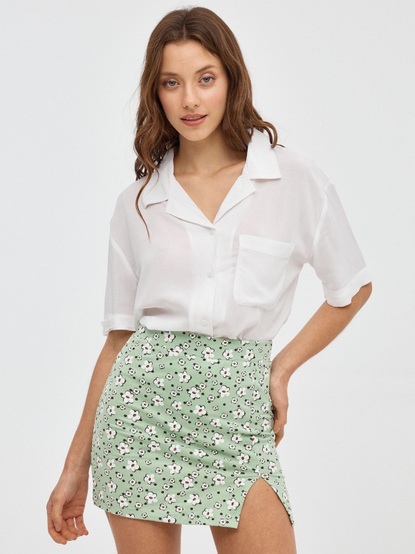Green flower print mini skirt light green middle front view