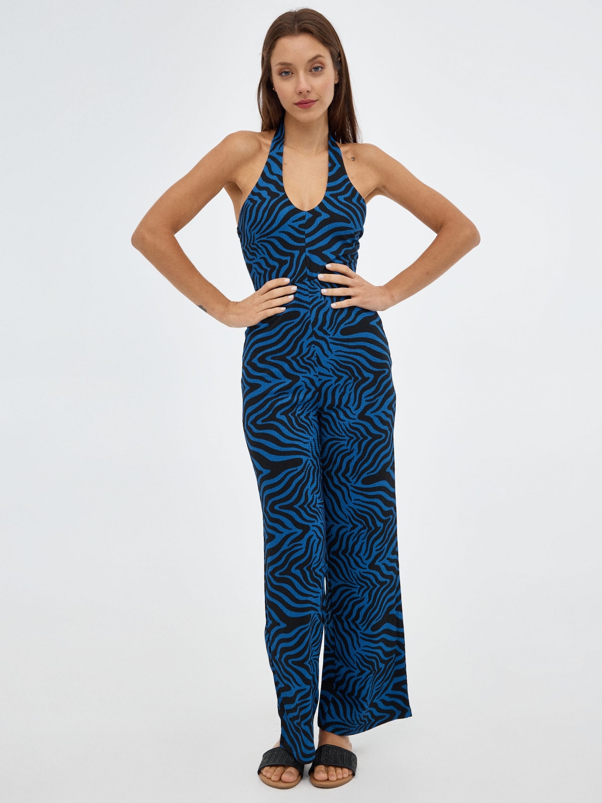 Blue animal print jumpsuit electric blue front view