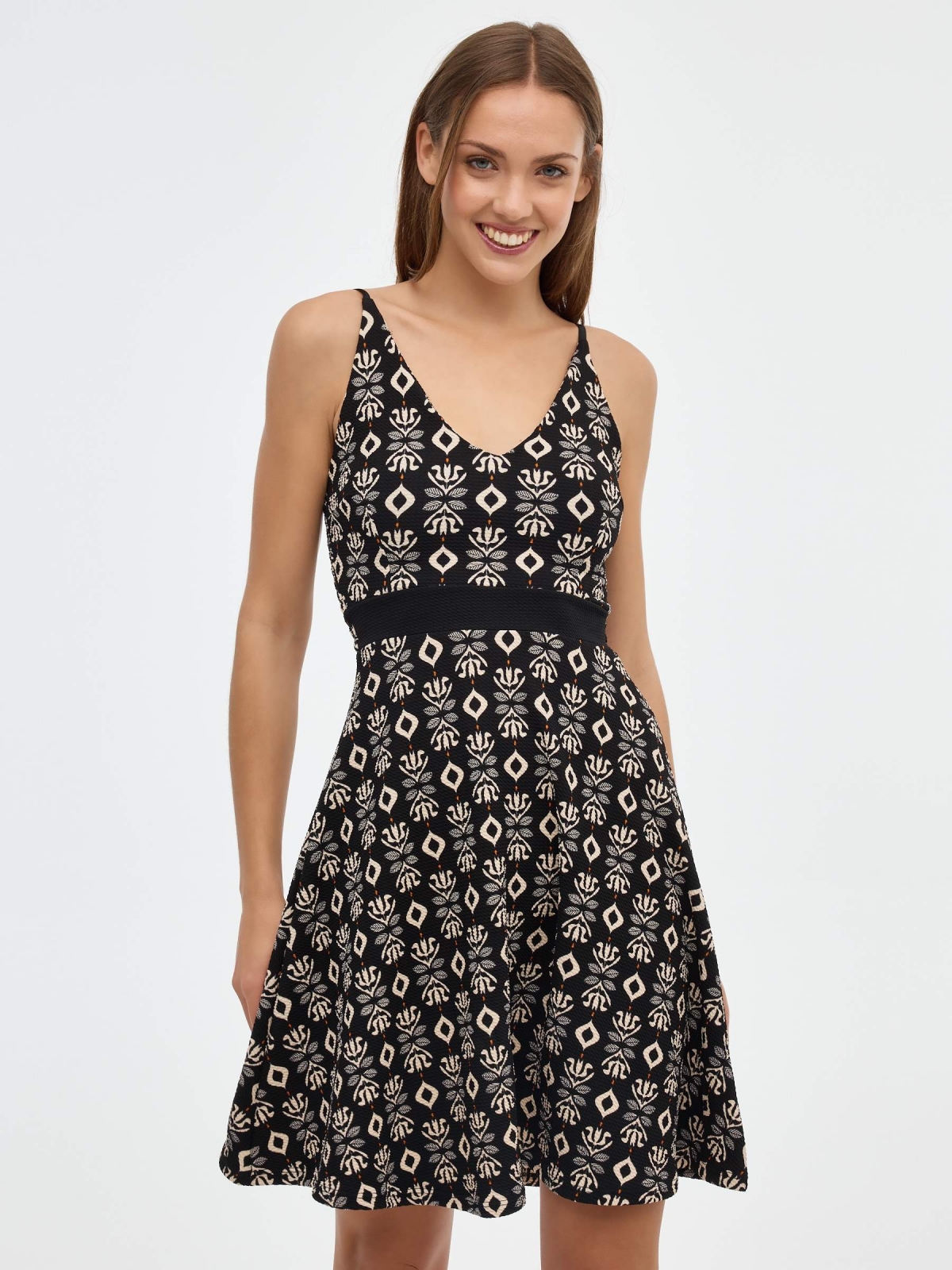 Ethnic print mini dress black middle front view