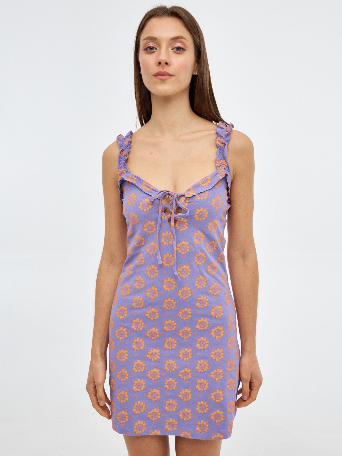 Mini vestido de girassol púrpura vista meia frontal