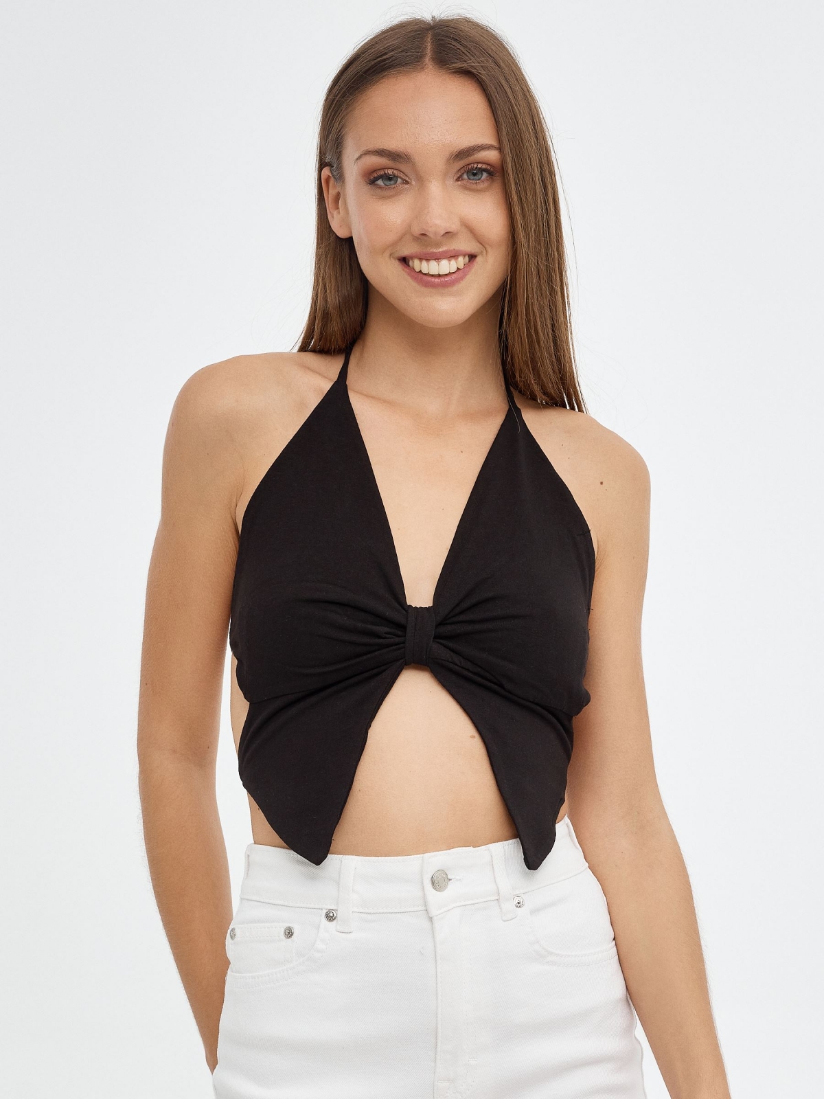 Knotted V-neck top black middle front view